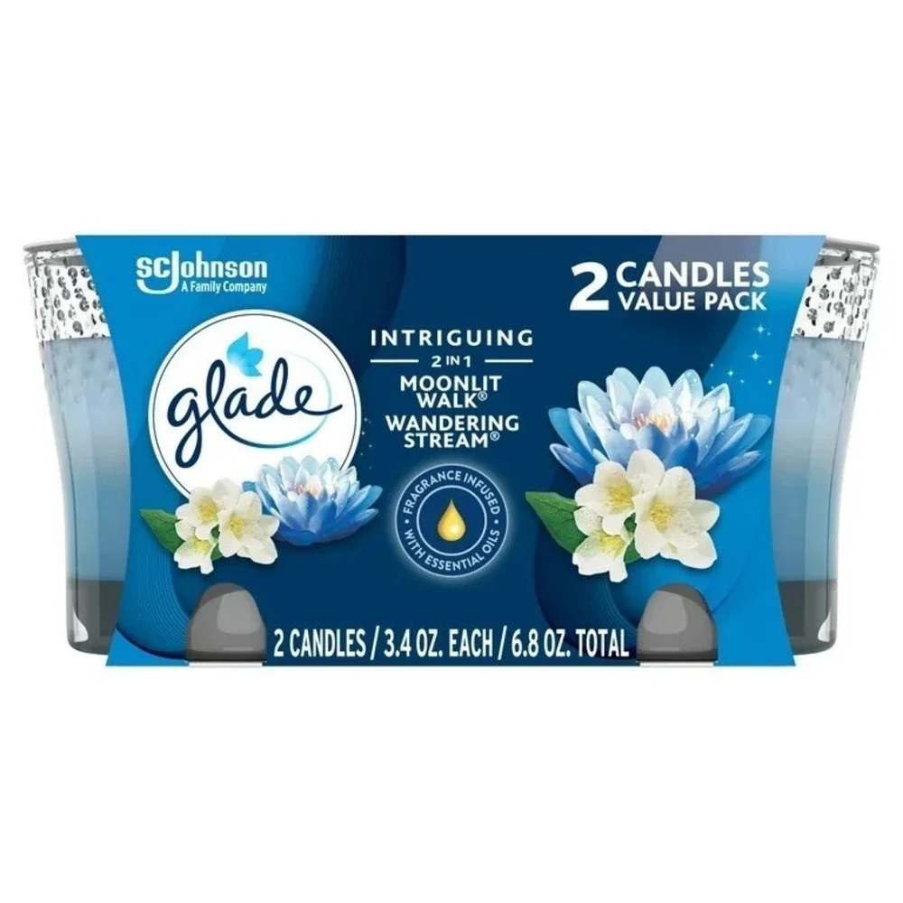 Glade Candle Jar, Air Freshener, 2in1, Moonlit Walk & Wandering Stream, 3.4 O...